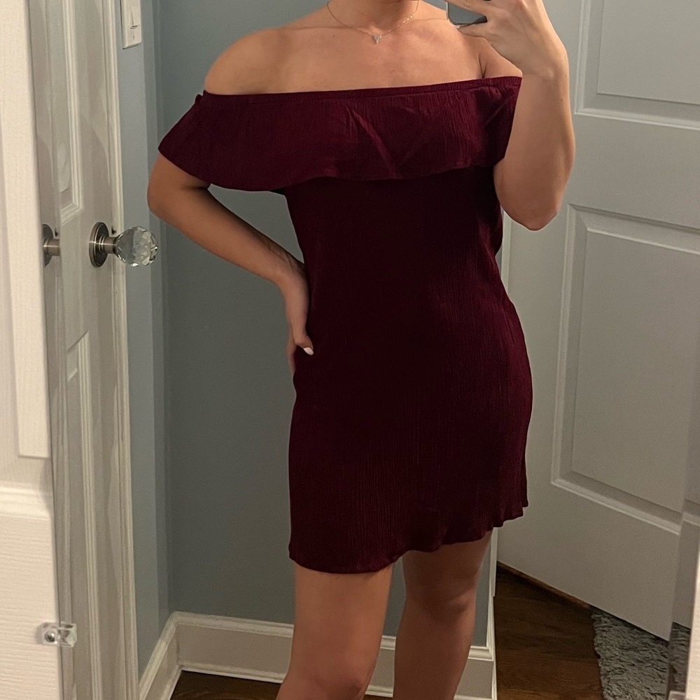 Ambiance Off Shoulder Ruffle Cranberry Dress